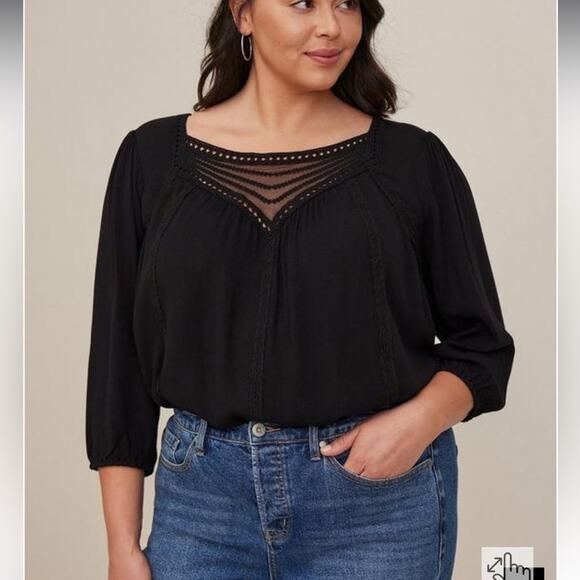 Torrid Black Gauze Embroidered Crotchet Trim 3/4 Sleeve‎ Pullover Top Size 2X - Picture 1 of 12